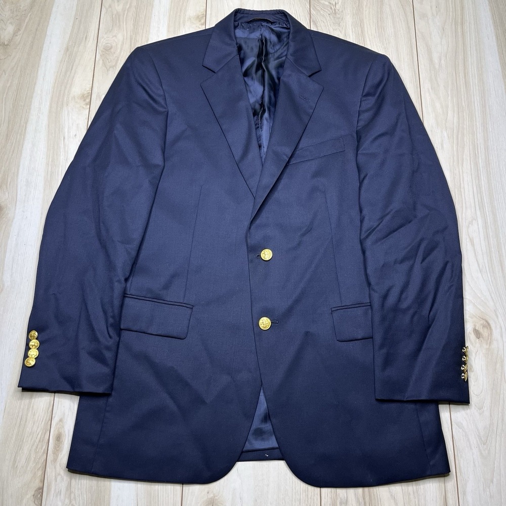 Brooks Brothers 346 Madison Fit Gold Button Blazer Mens 39R Navy Blue Wool